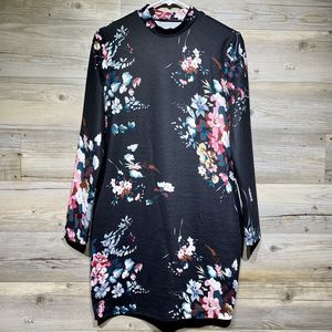 Shein Women’s Size Large Black Floral Long Sleeve Form-Fitting Mini Dress